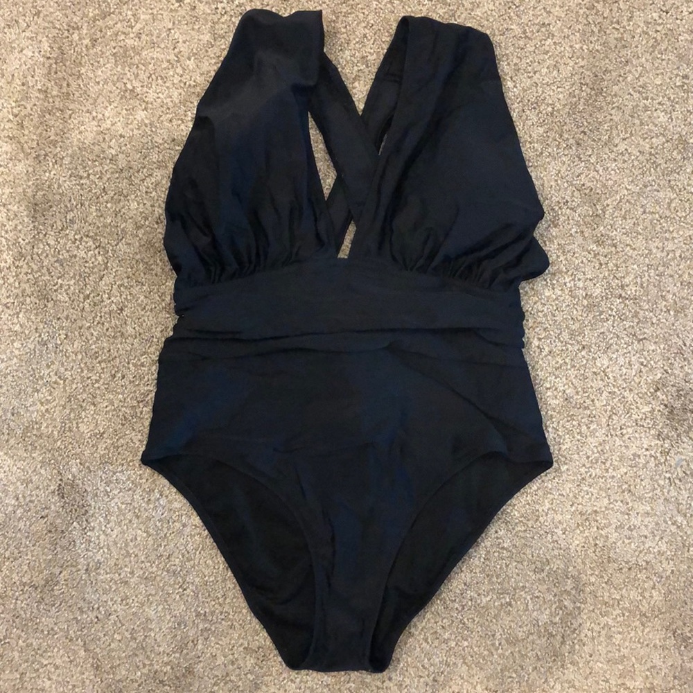 Black One Piece Low Cut Swim Suit
